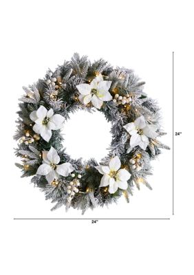 24" Flocked Poinsettia and Pine Artificial Christmas Wreath with 50 Warm White LED Lights