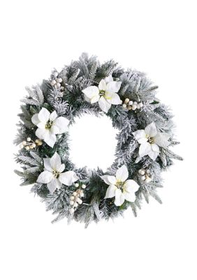 24" Flocked Poinsettia and Pine Artificial Christmas Wreath with 50 Warm White LED Lights