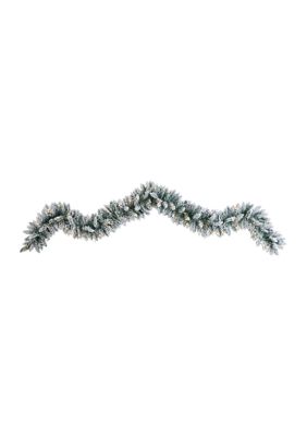 Nearly Natural 9 Foot Flocked Artificial Christmas Garland with 50 Warm White LED Lights, Green
