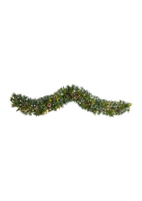 Nearly Natural 6 Foot Snow Tipped Christmas Artificial Garland with 35 Clear LED Lights and Pine Cones, Green