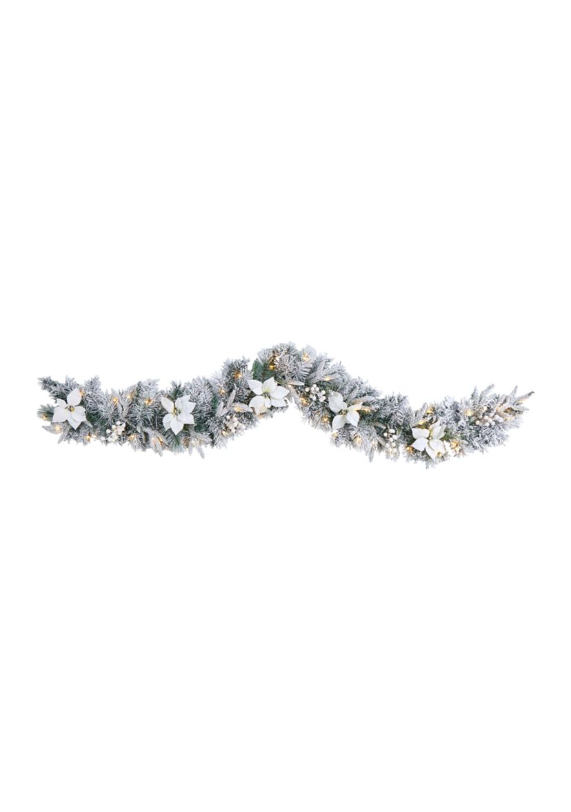 6 Foot Flocked Poinsettia and Berry Artificial Christmas Garland with 50 Warm White LED Lights