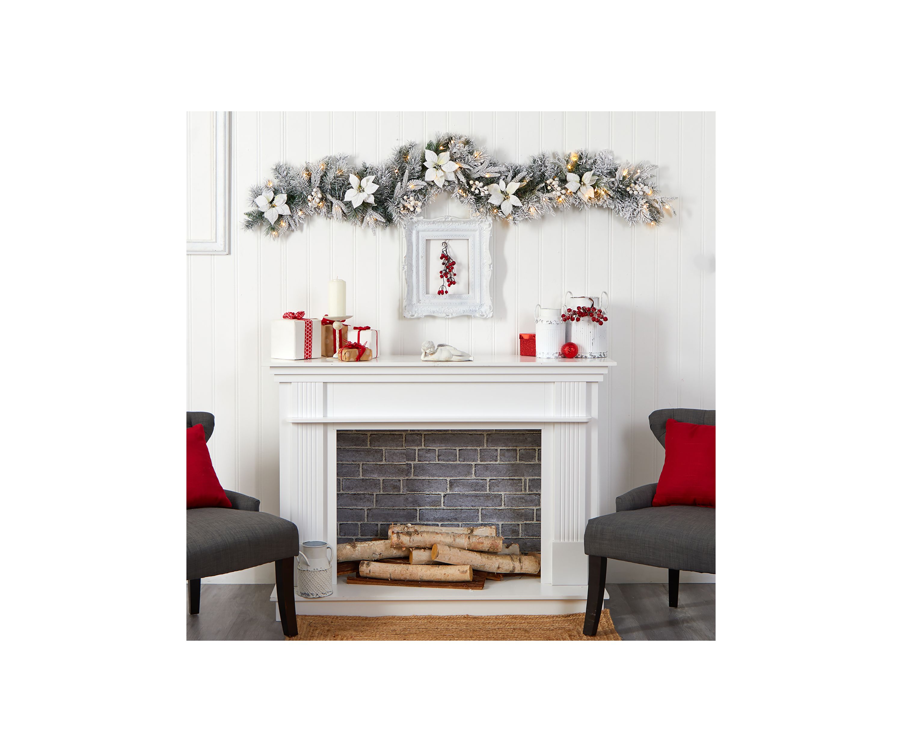 6 Foot Flocked Poinsettia and Berry Artificial Christmas Garland with 50 Warm White LED Lights