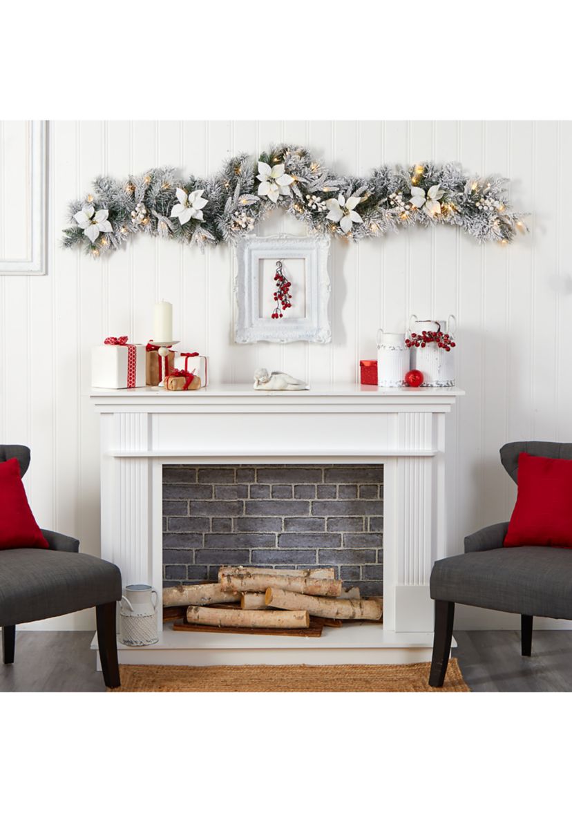 6 Foot Flocked Poinsettia and Berry Artificial Christmas Garland with 50 Warm White LED Lights