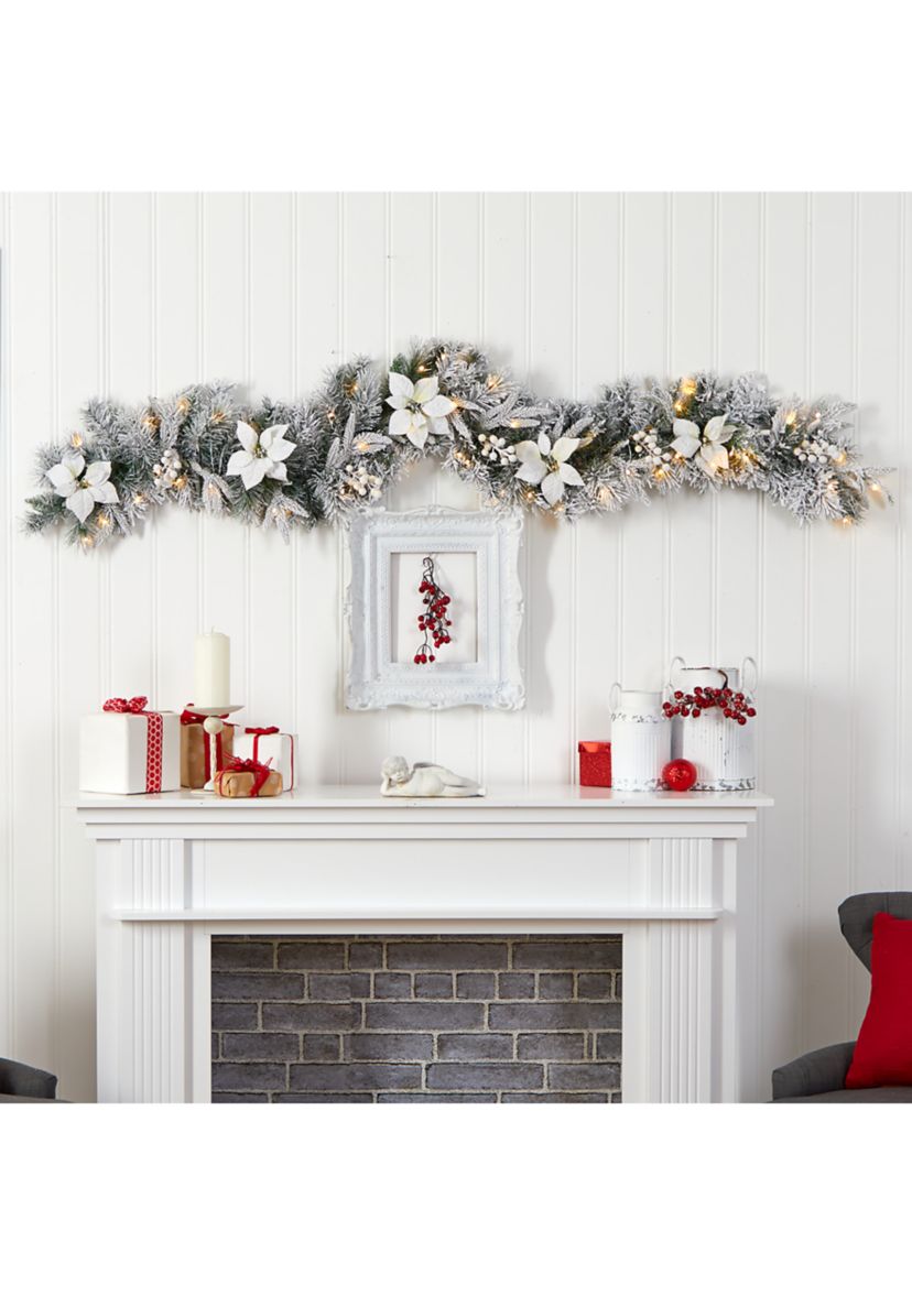 6 Foot Flocked Poinsettia and Berry Artificial Christmas Garland with 50 Warm White LED Lights