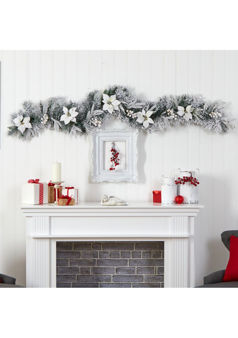 6 Foot Flocked Poinsettia and Berry Artificial Christmas Garland with 50 Warm White LED Lights