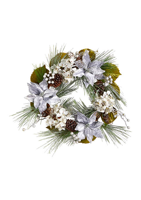 24 Inch Silver Poinsettia, Hydrangea and Pinecones Artificial Christmas Wreath