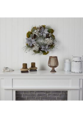 24 Inch Silver Poinsettia, Hydrangea and Pinecones Artificial Christmas Wreath