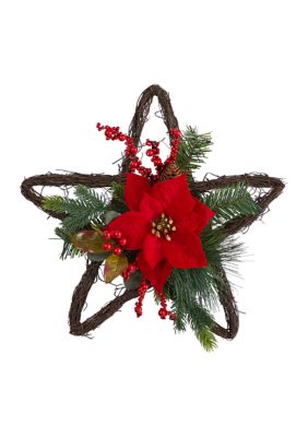 16" Holiday Christmas Poinsettia Star Twig Wreath