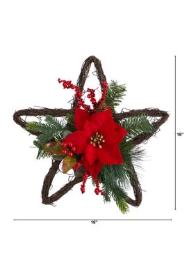 16" Holiday Christmas Poinsettia Star Twig Wreath