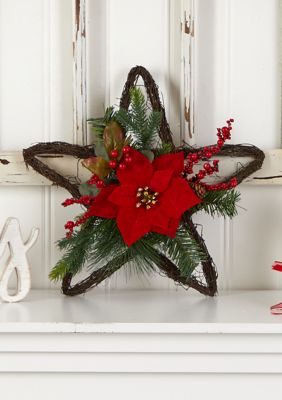 16" Holiday Christmas Poinsettia Star Twig Wreath