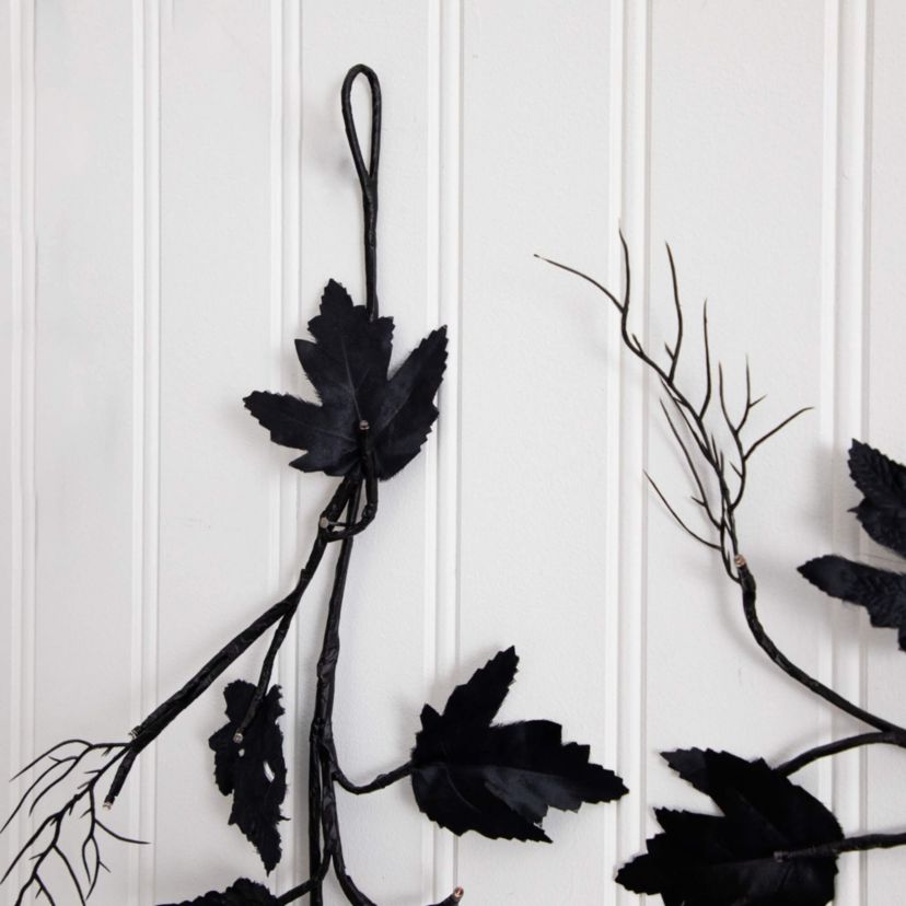 6.5-Foot Pre-Lit Artificial Halloween Black Maple Garland with 48 Orange & Purple LED Lights