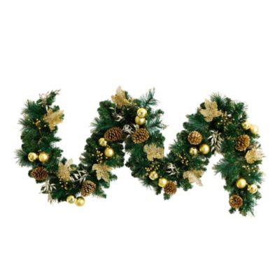 Nearly Natural 9-Foot Pre-Lit Artificial Golden Frosted Christmas Garland with 50 Warm White LED Lights Pinecones, Berries and Ornaments, Green