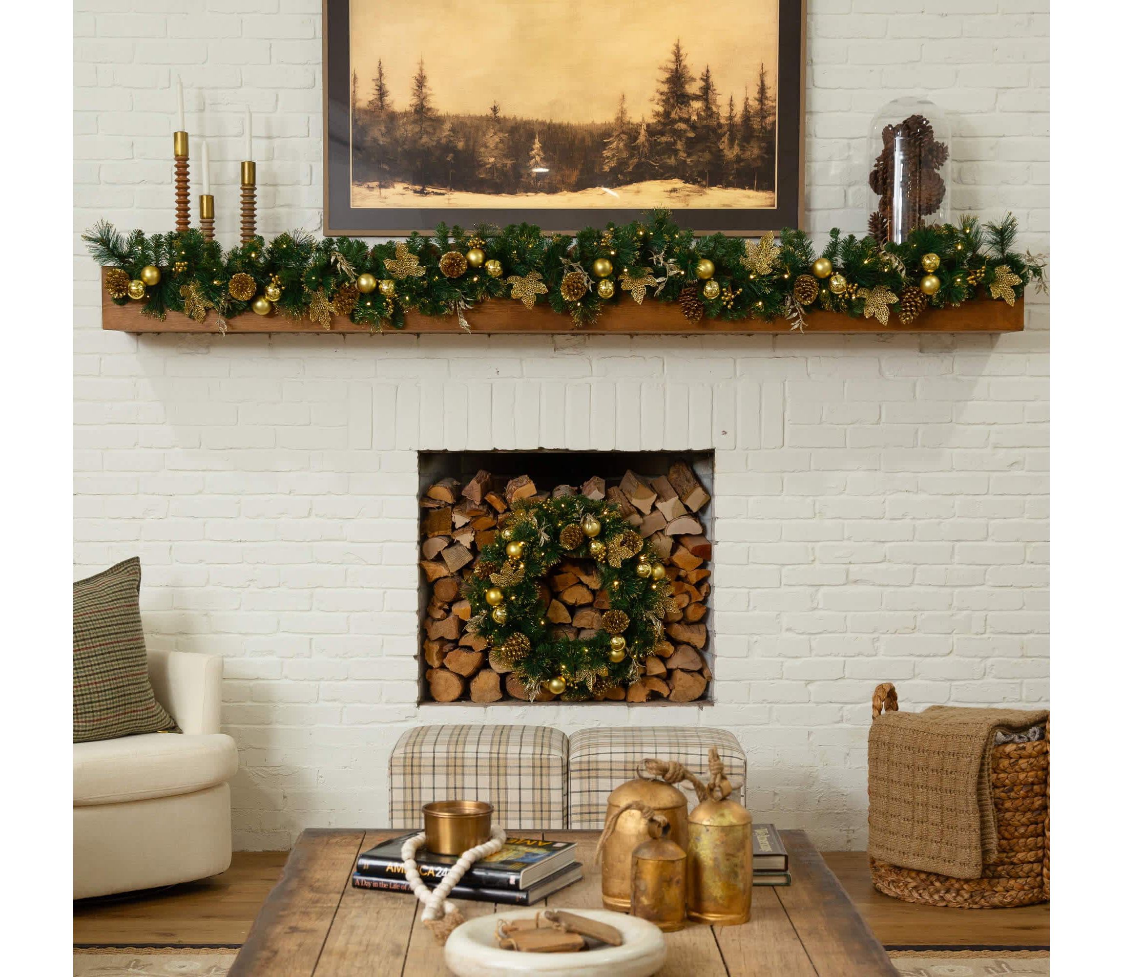 9-Foot Pre-Lit Artificial Golden Frosted Christmas Garland with 50 Warm White LED Lights Pinecones, Berries and Ornaments