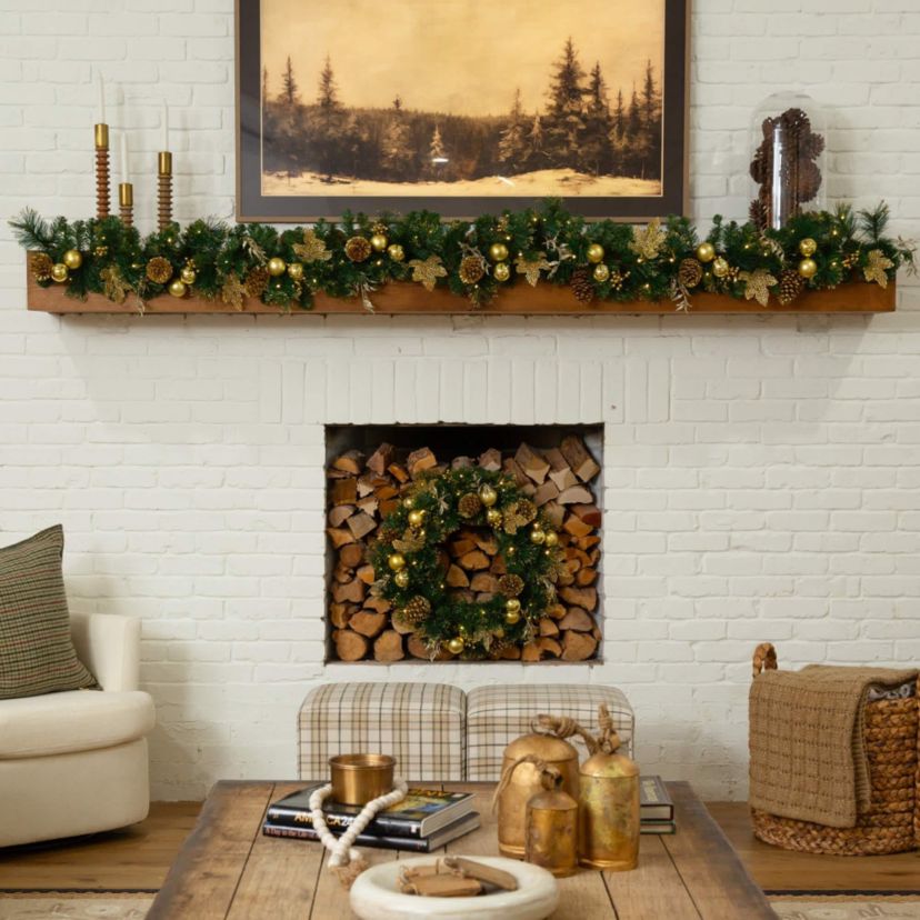 9-Foot Pre-Lit Artificial Golden Frosted Christmas Garland with 50 Warm White LED Lights Pinecones, Berries and Ornaments
