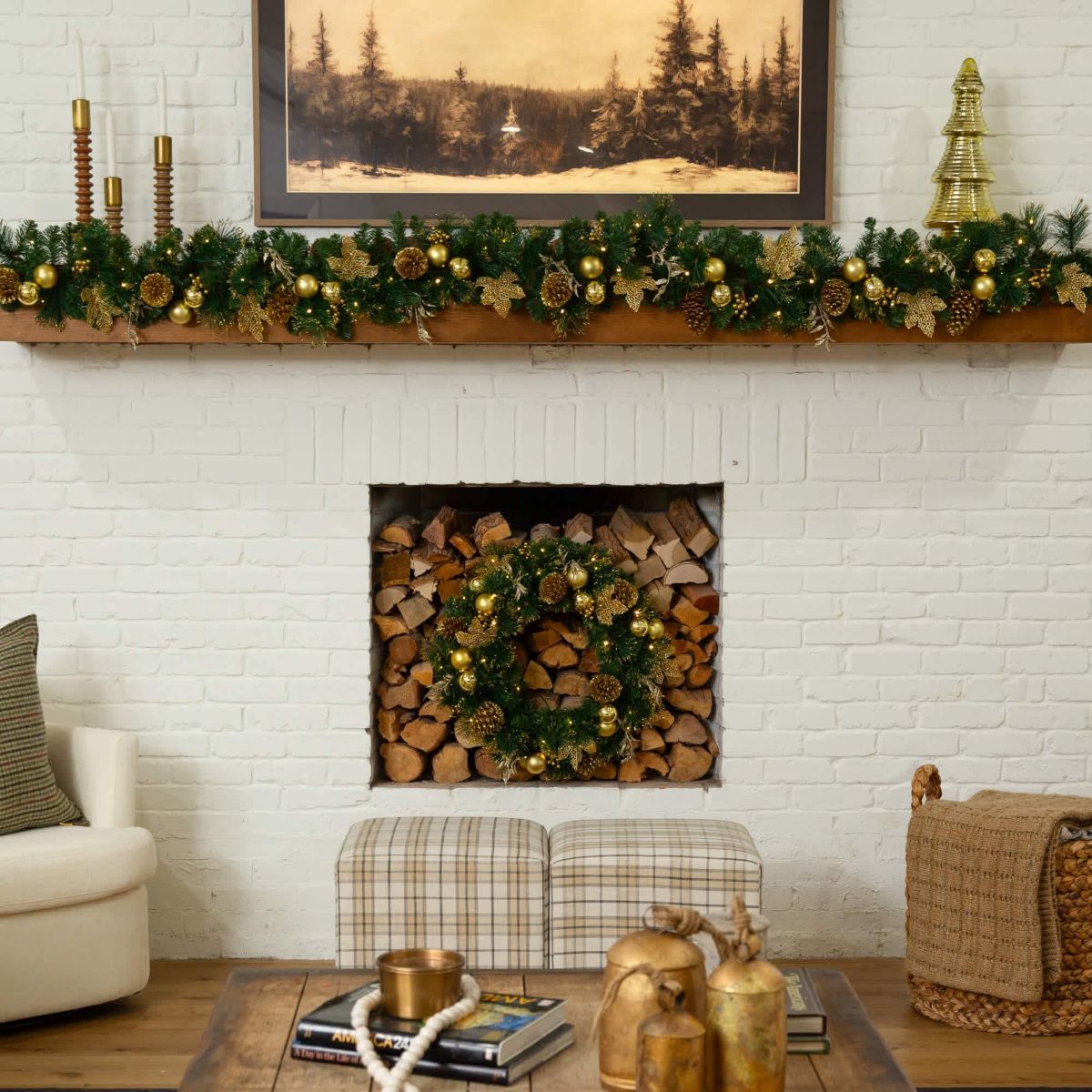 9-Foot Pre-Lit Artificial Golden Frosted Christmas Garland with 50 Warm White LED Lights Pinecones, Berries and Ornaments