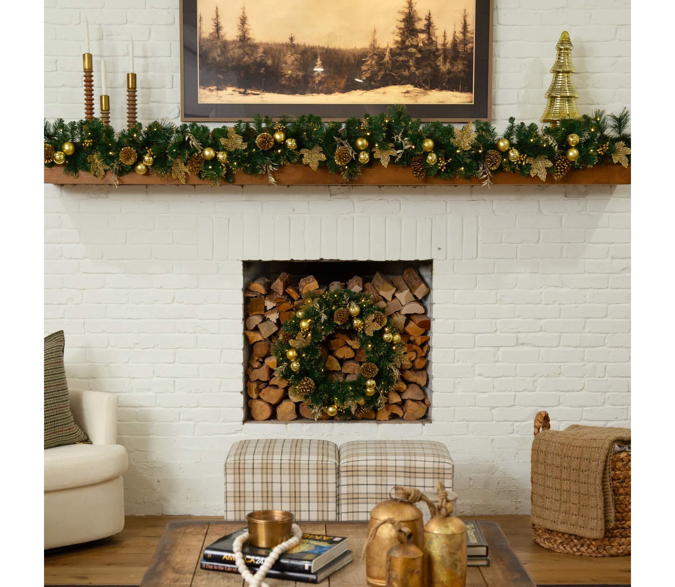 9-Foot Pre-Lit Artificial Golden Frosted Christmas Garland with 50 Warm White LED Lights Pinecones, Berries and Ornaments