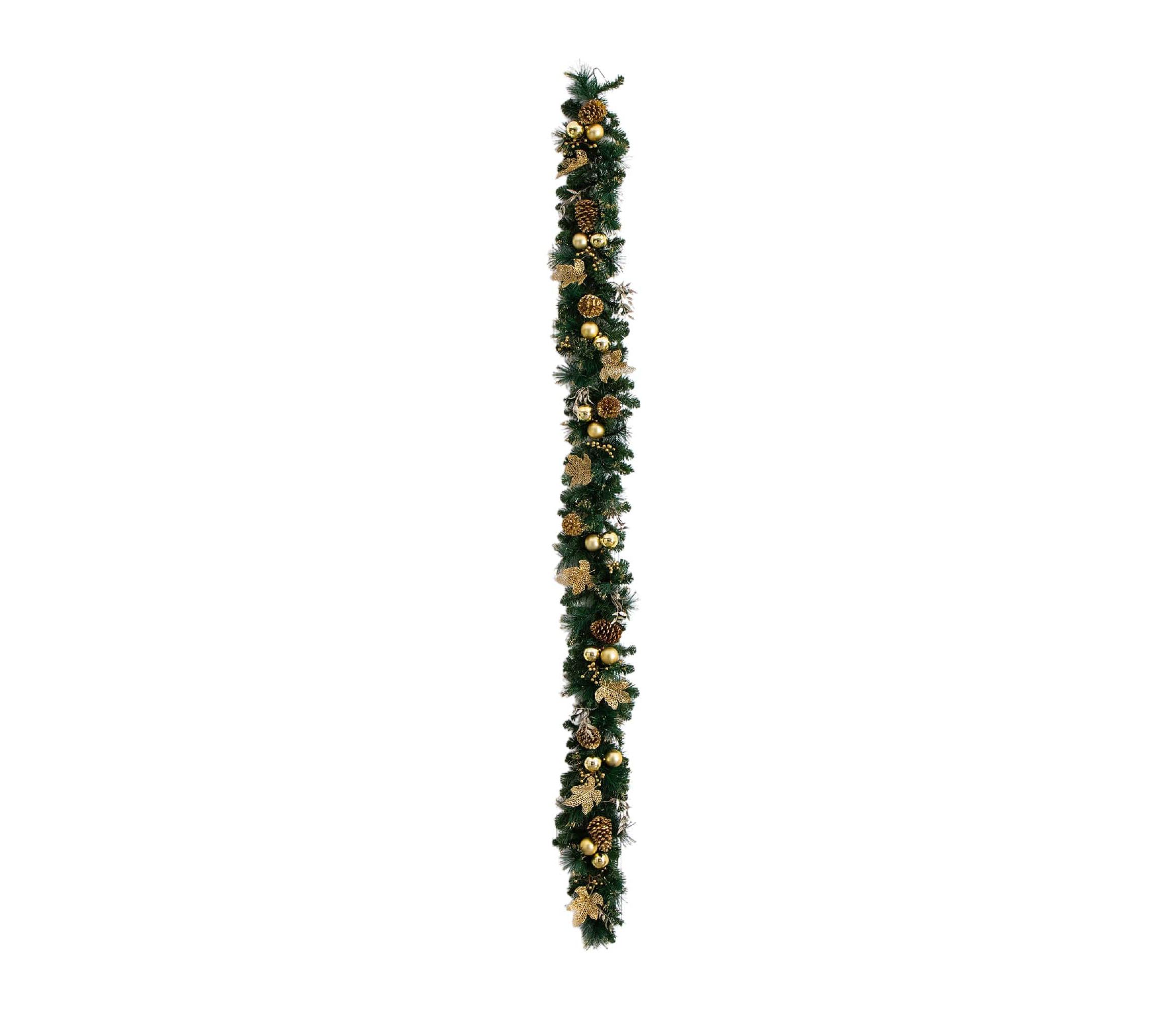 9-Foot Pre-Lit Artificial Golden Frosted Christmas Garland with 50 Warm White LED Lights Pinecones, Berries and Ornaments