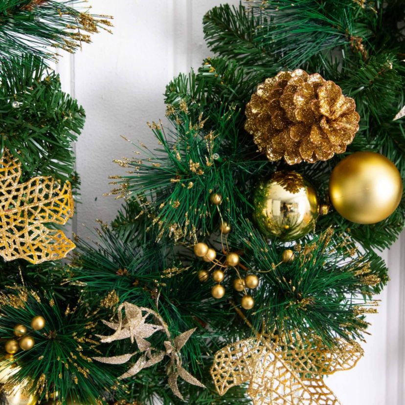 9-Foot Pre-Lit Artificial Golden Frosted Christmas Garland with 50 Warm White LED Lights Pinecones, Berries and Ornaments