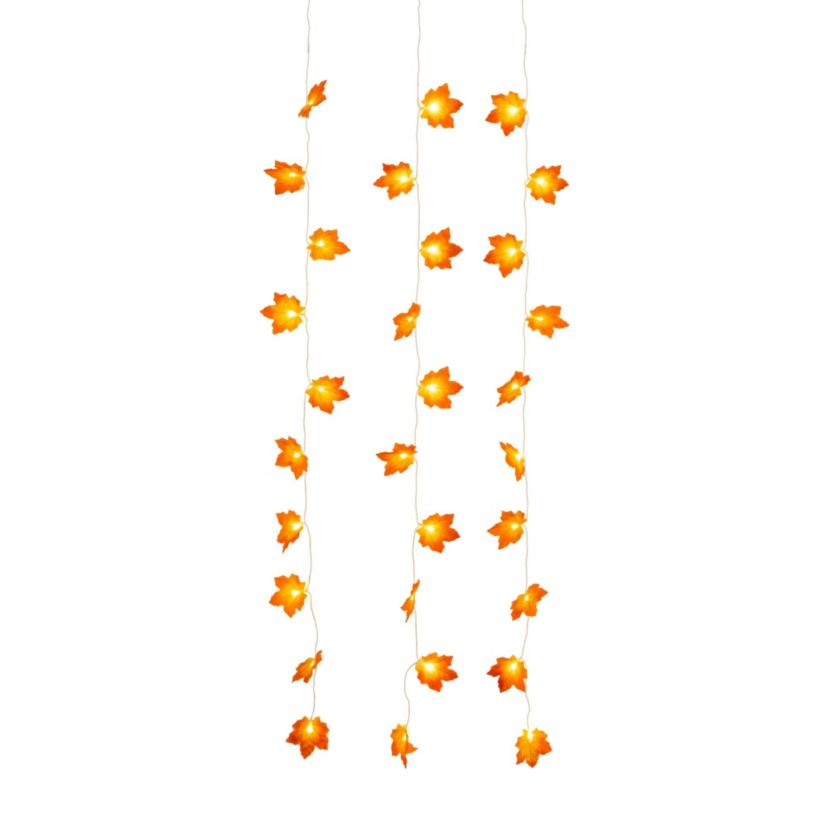 5-Foot Pre-Lit Autumn Maple Leaf Artificial Fall Garland with 10 Warm White LED String Lights - Set of 3
