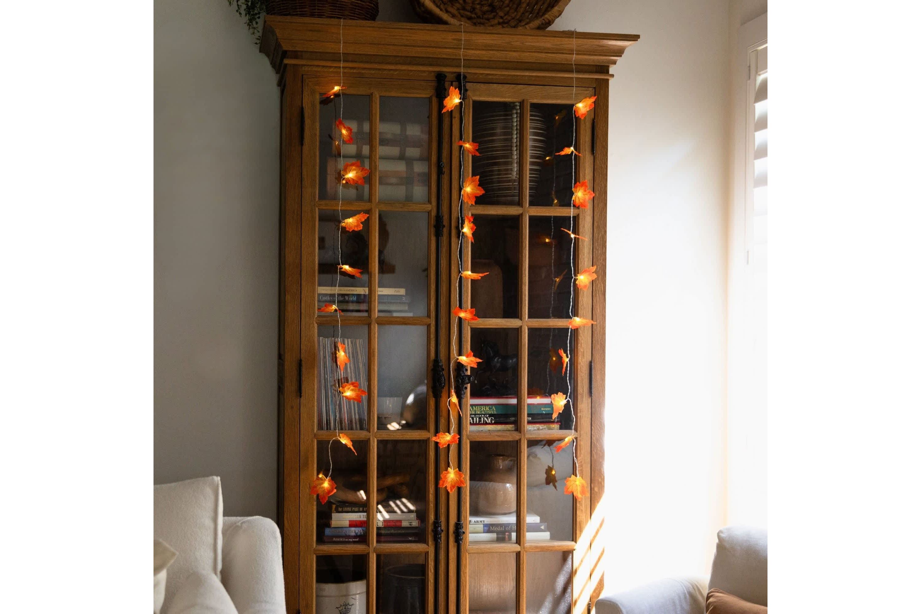 5-Foot Pre-Lit Autumn Maple Leaf Artificial Fall Garland with 10 Warm White LED String Lights - Set of 3