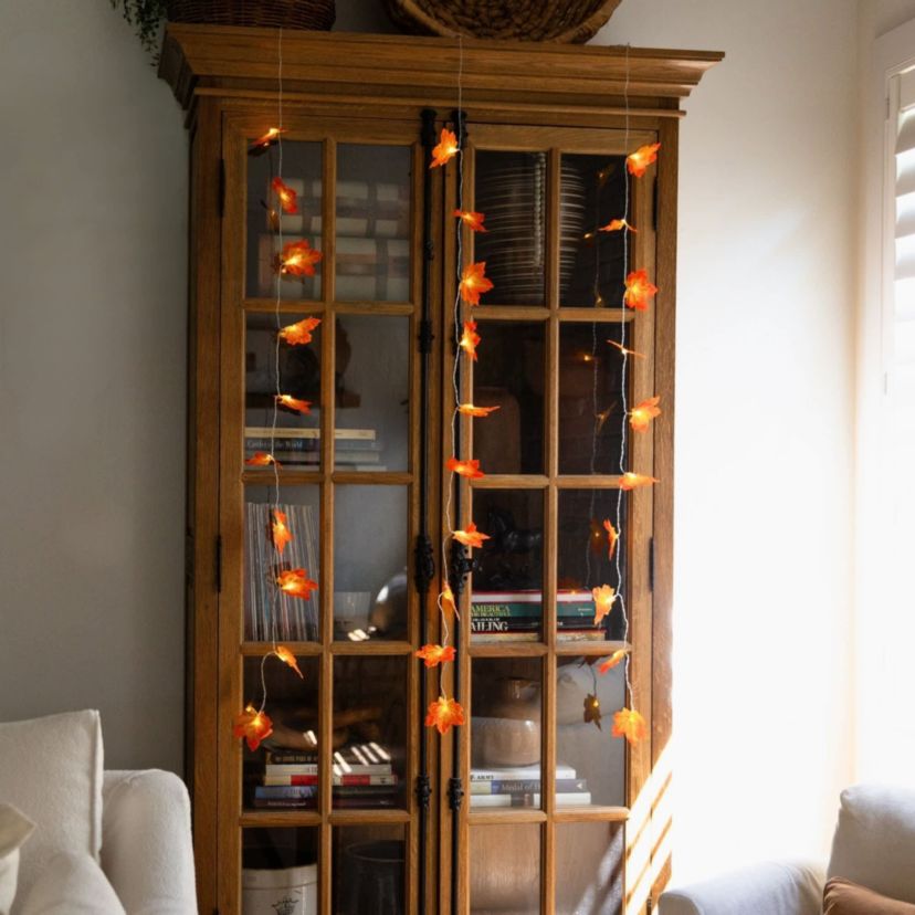5-Foot Pre-Lit Autumn Maple Leaf Artificial Fall Garland with 10 Warm White LED String Lights - Set of 3