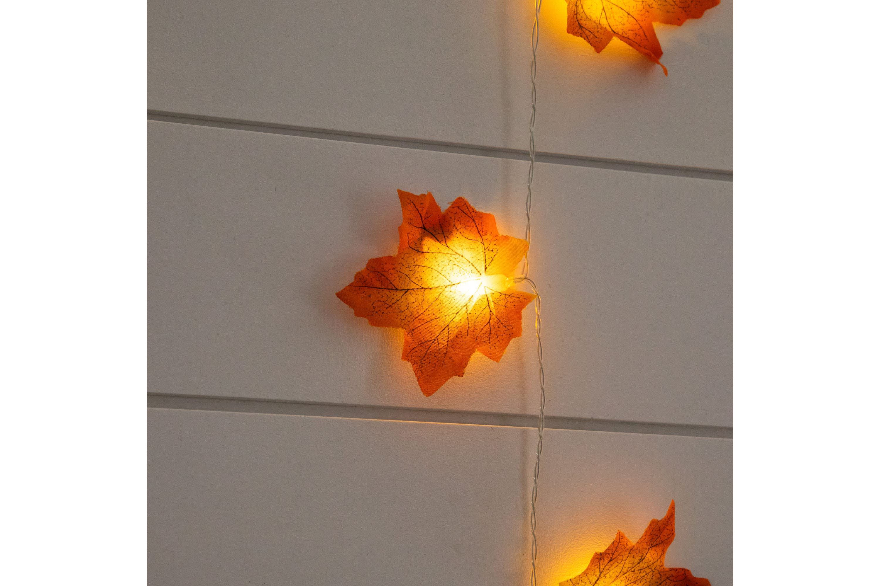 5-Foot Pre-Lit Autumn Maple Leaf Artificial Fall Garland with 10 Warm White LED String Lights - Set of 3