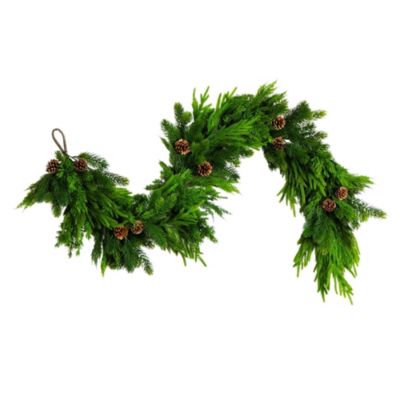Nearly Natural 6-Foot Artificial Mixed Pine and Norfolk Garland with Pinecones, Green