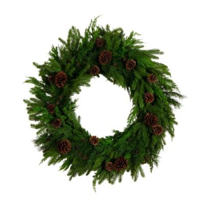 Nearly Natural 30-Inch Artificial Norfolk Mixed Pine Wreath with Pinecones, Green
