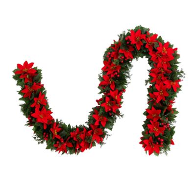 Nearly Natural 6-Foot UV Resistant Artificial Christmas Poinsettia & Berries Garland (Indoor/Outdoor), Green