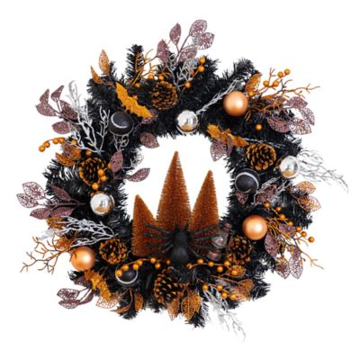 Nearly Natural 24-Inch Artificial Halloween Black Mixed Foliage Wreath with Bats, Pinecones and Trees