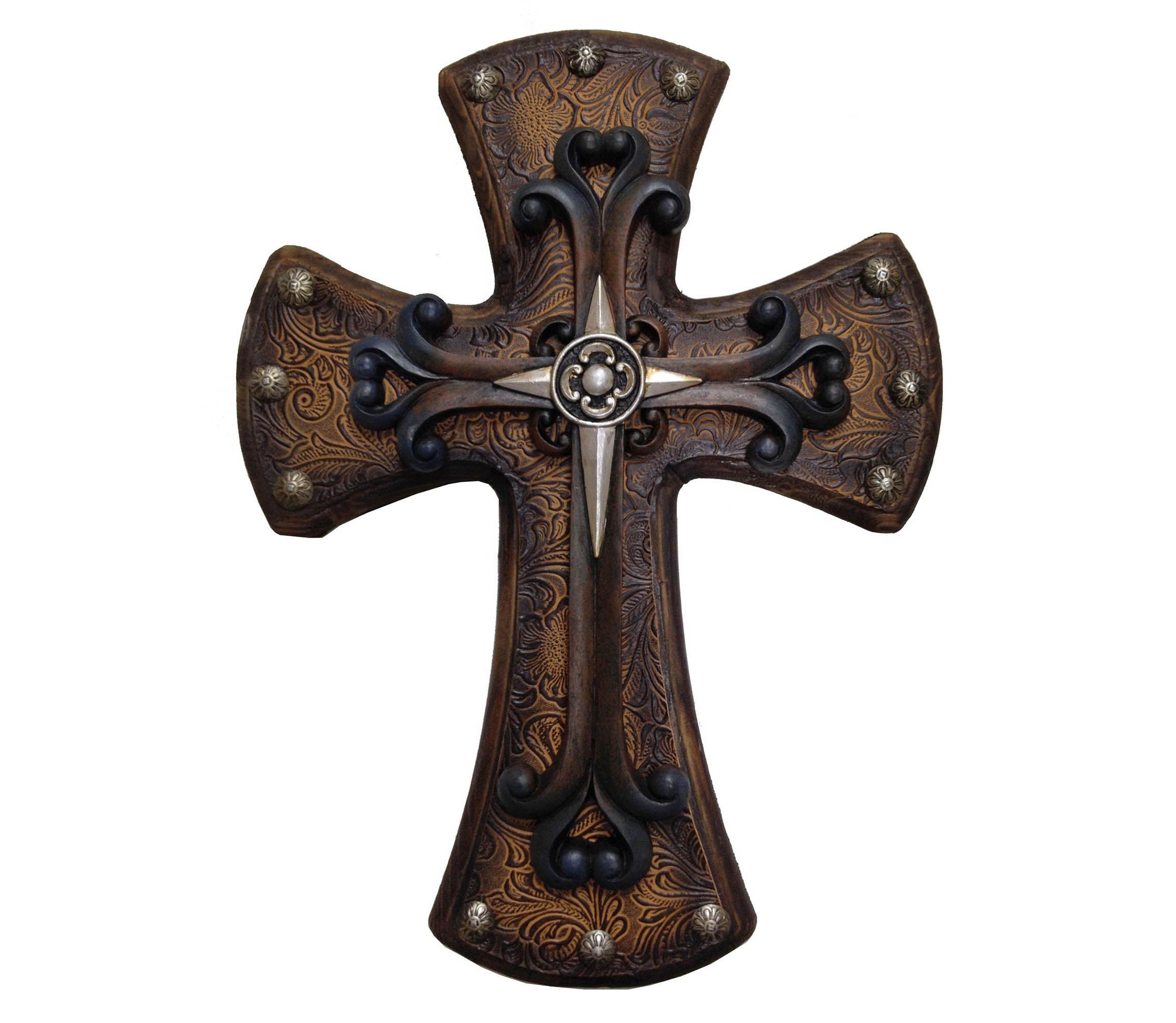 Studded Tooled Leather Wooden Cross with Silver Cross Overlay