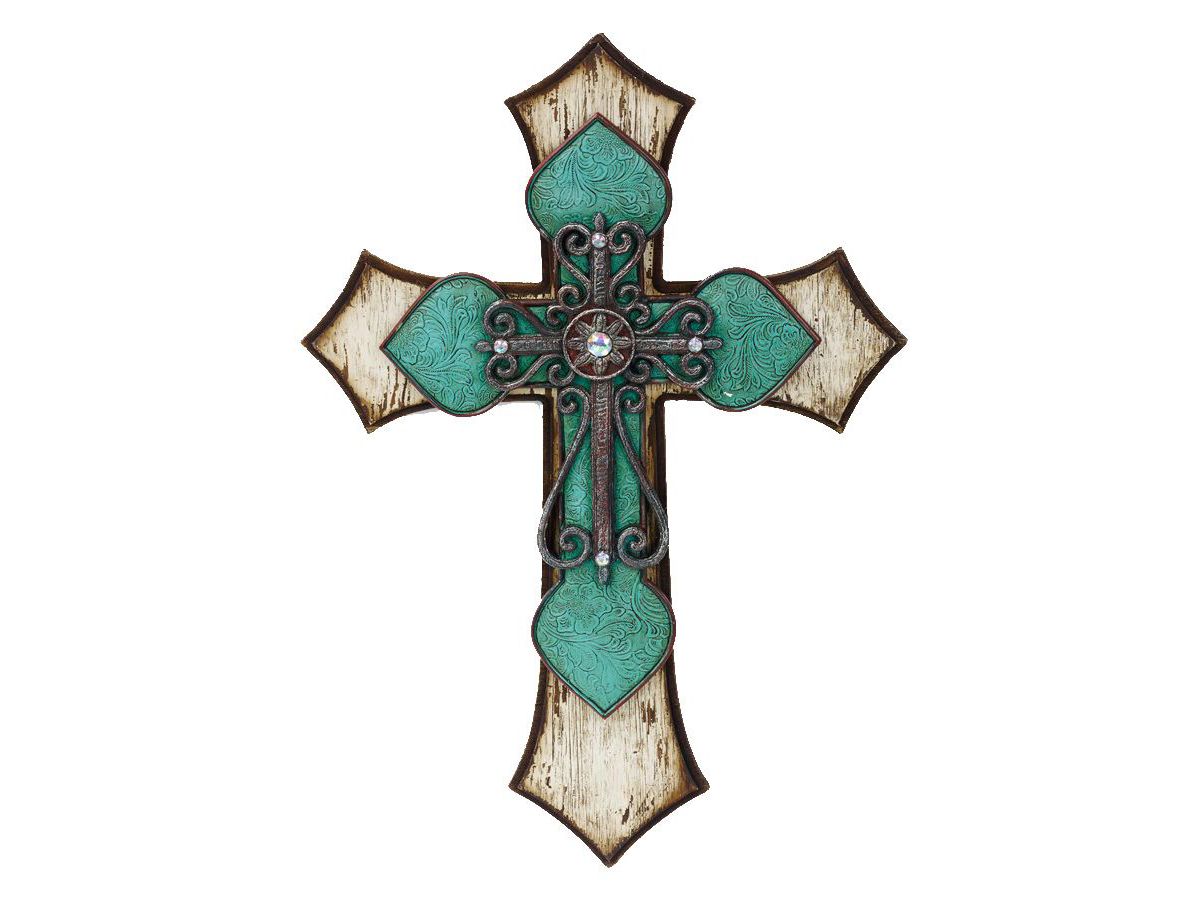 Triple Layer Turquoise Cross Wall Décor with Metal Scrollwork, 22" x 15.5", 1PC