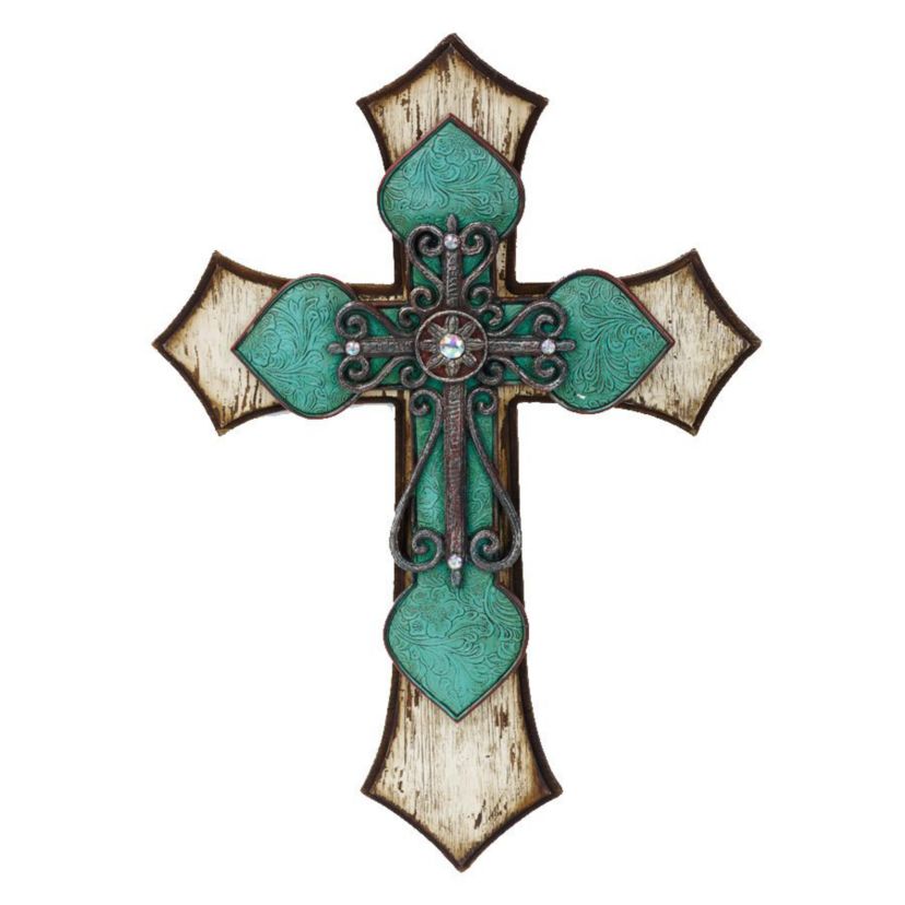 Triple Layer Turquoise Cross Wall Décor with Metal Scrollwork, 22" x 15.5", 1PC