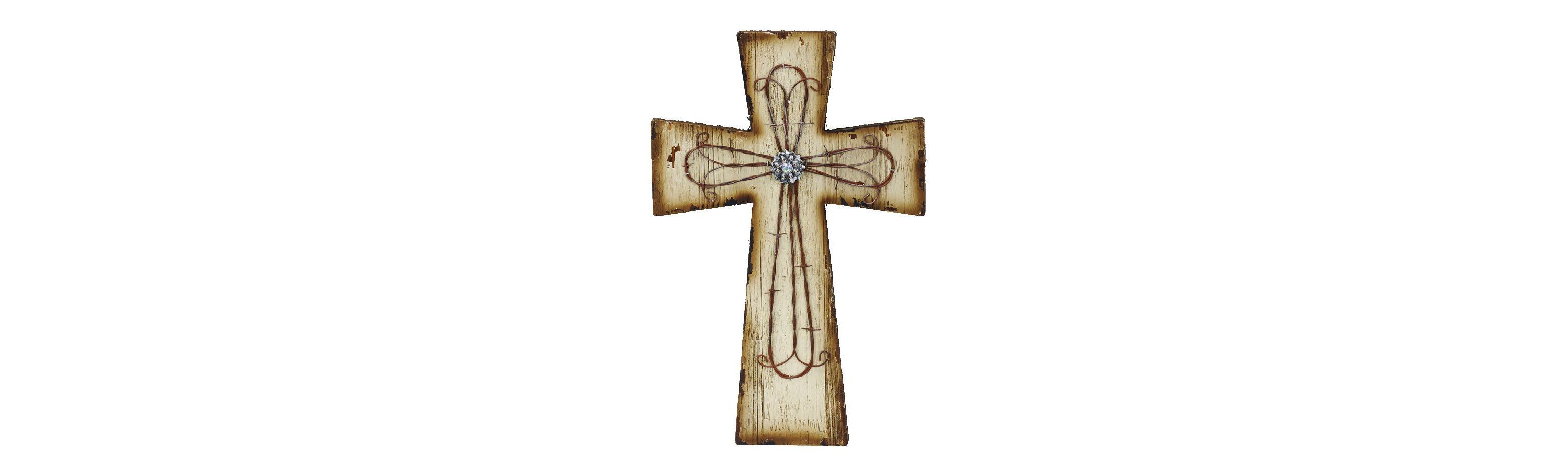 Cream Distressed Wood & Barbwire Cross Wall Décor