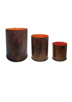 Cross Distressed Metal Cylinder Pillar Candle Holder Set