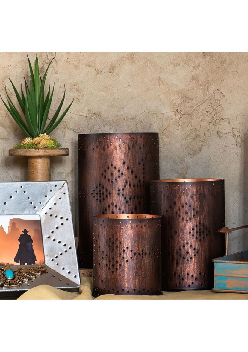 Cross Distressed Metal Cylinder Pillar Candle Holder Set, 3PC