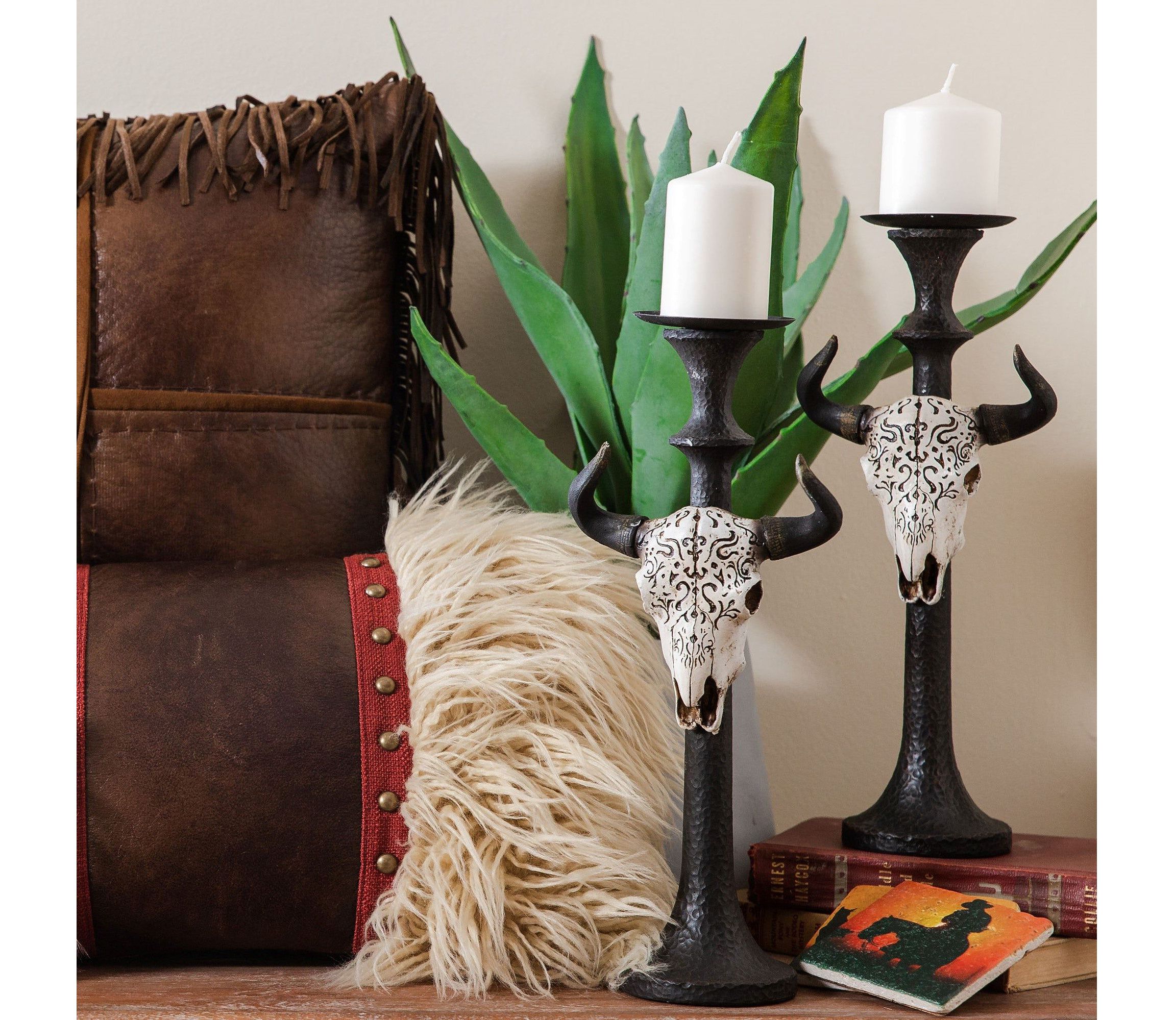 Carved Skull Tapered Pillar Candle Holder