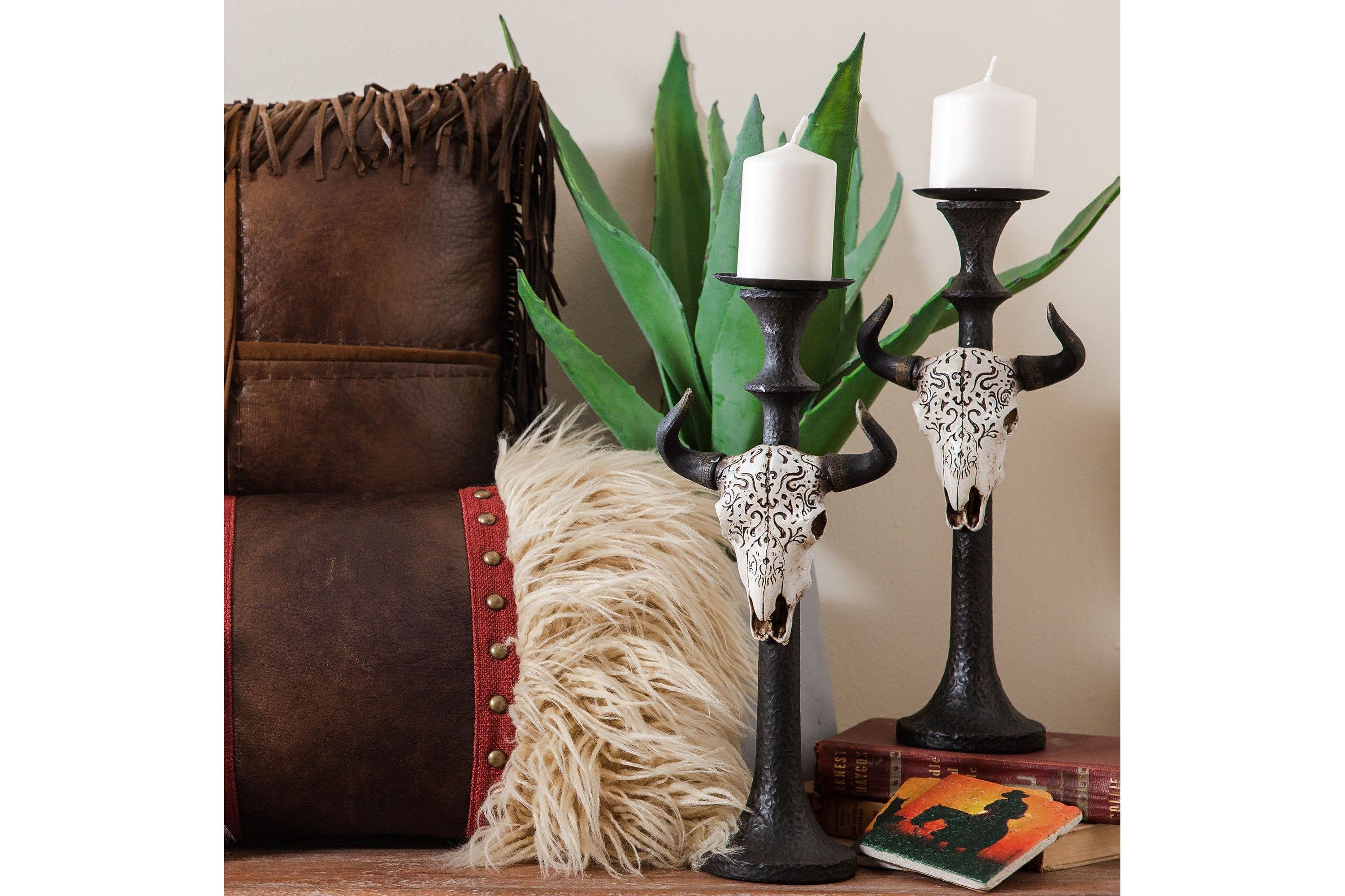Carved Skull Tapered Pillar Candle Holder