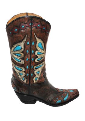 Turquoise Butterfly Design Cowboy Boot Vase