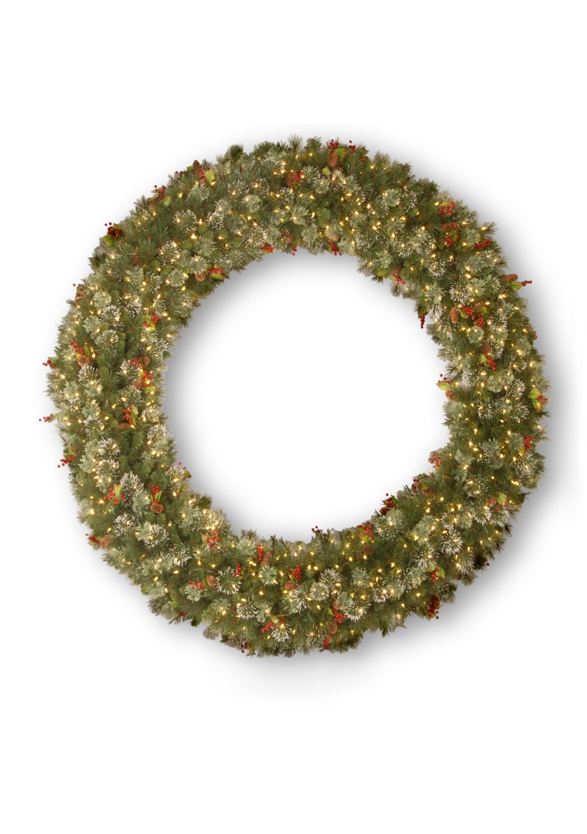 Wintry Pine Wreath With Cones, Red Berries, Snowflakes With 400 Clear Lights