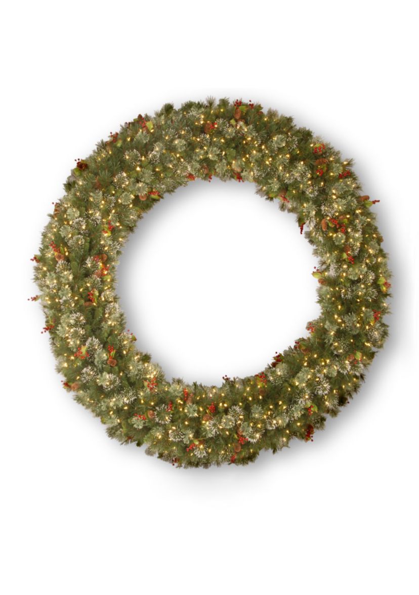 Wintry Pine Wreath With Cones, Red Berries, Snowflakes With 400 Clear Lights