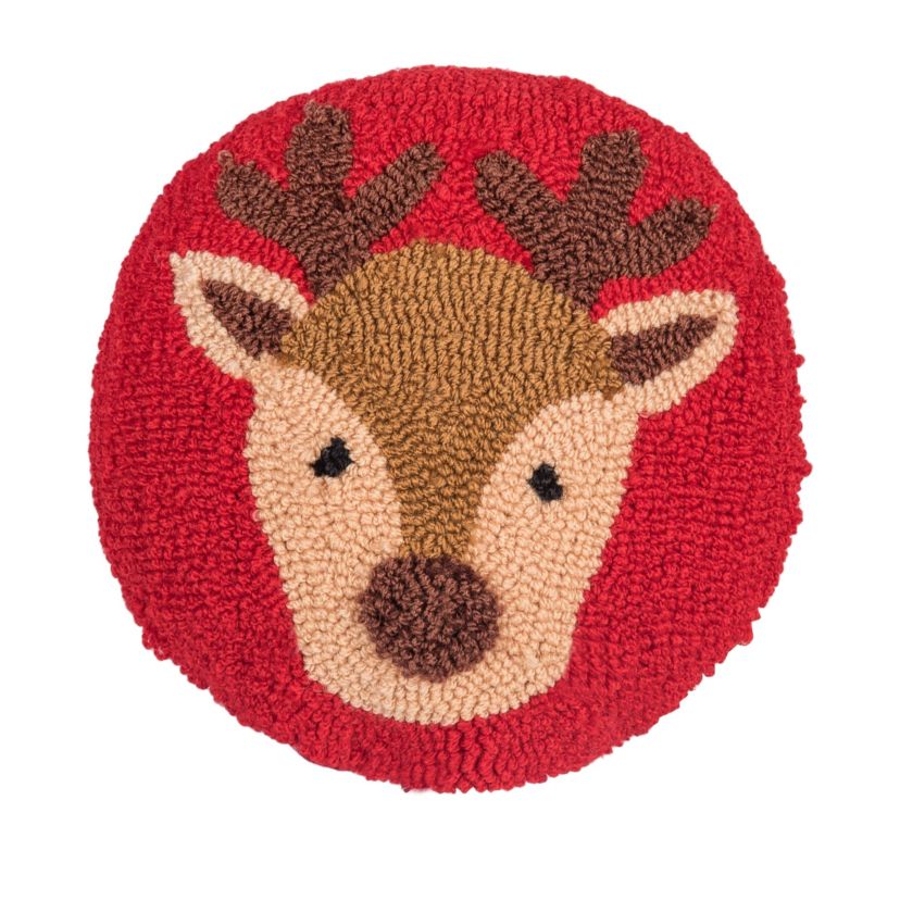 10" x 10" Mini Round Reindeer Hooked Throw Pillow