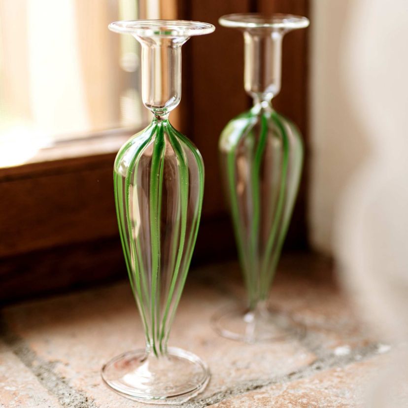 Nuovo Stripe Green Candlesticks - Set of 2