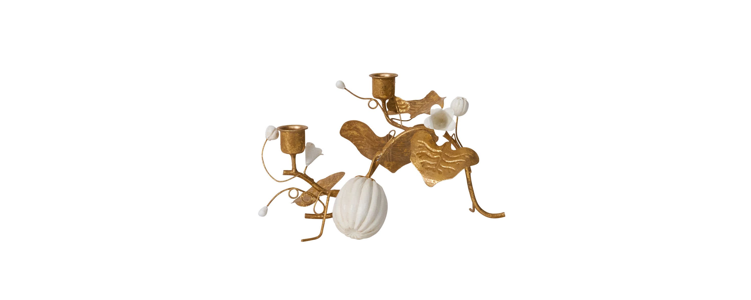 Forest Walk Pumpkin & Vine Double Candlestick Holder - Gold