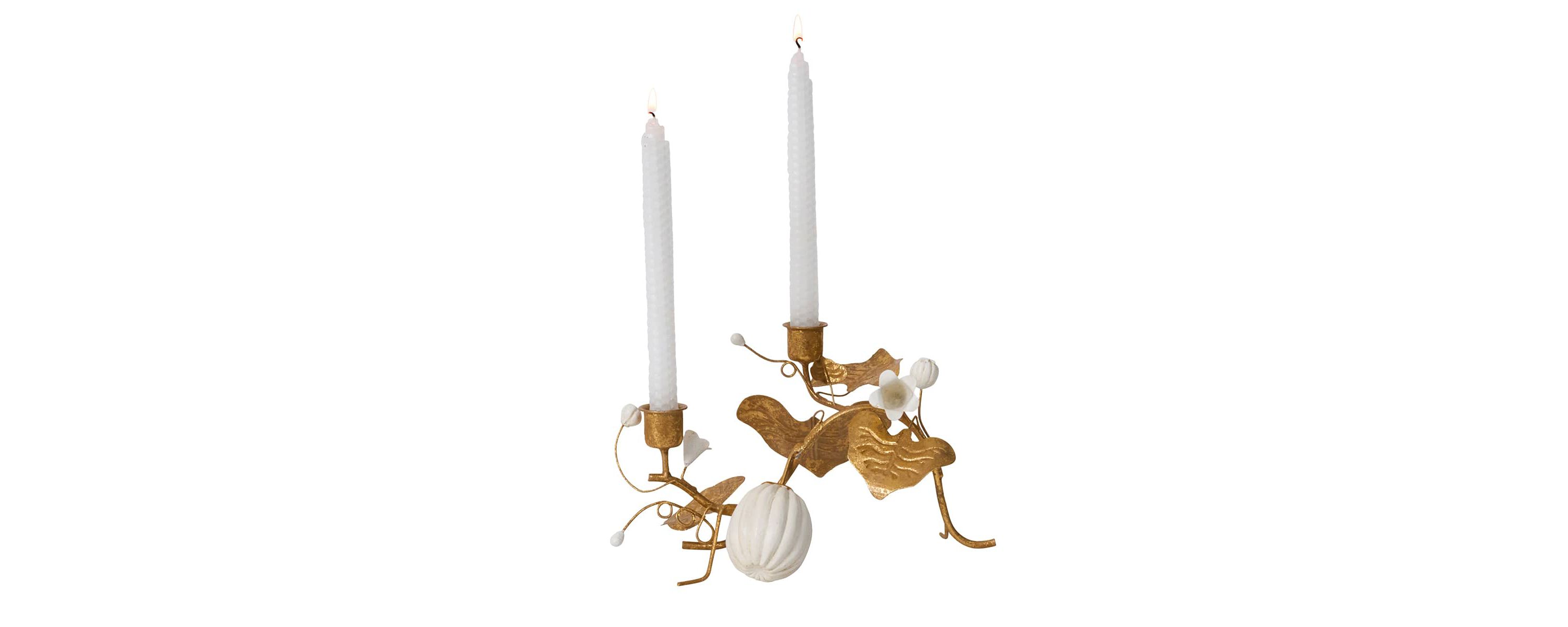 Forest Walk Pumpkin & Vine Double Candlestick Holder - Gold