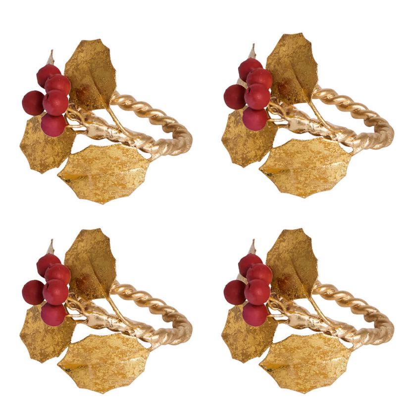 Forest Walk Holly with Berries Napkin Ring Set/4 - Multi