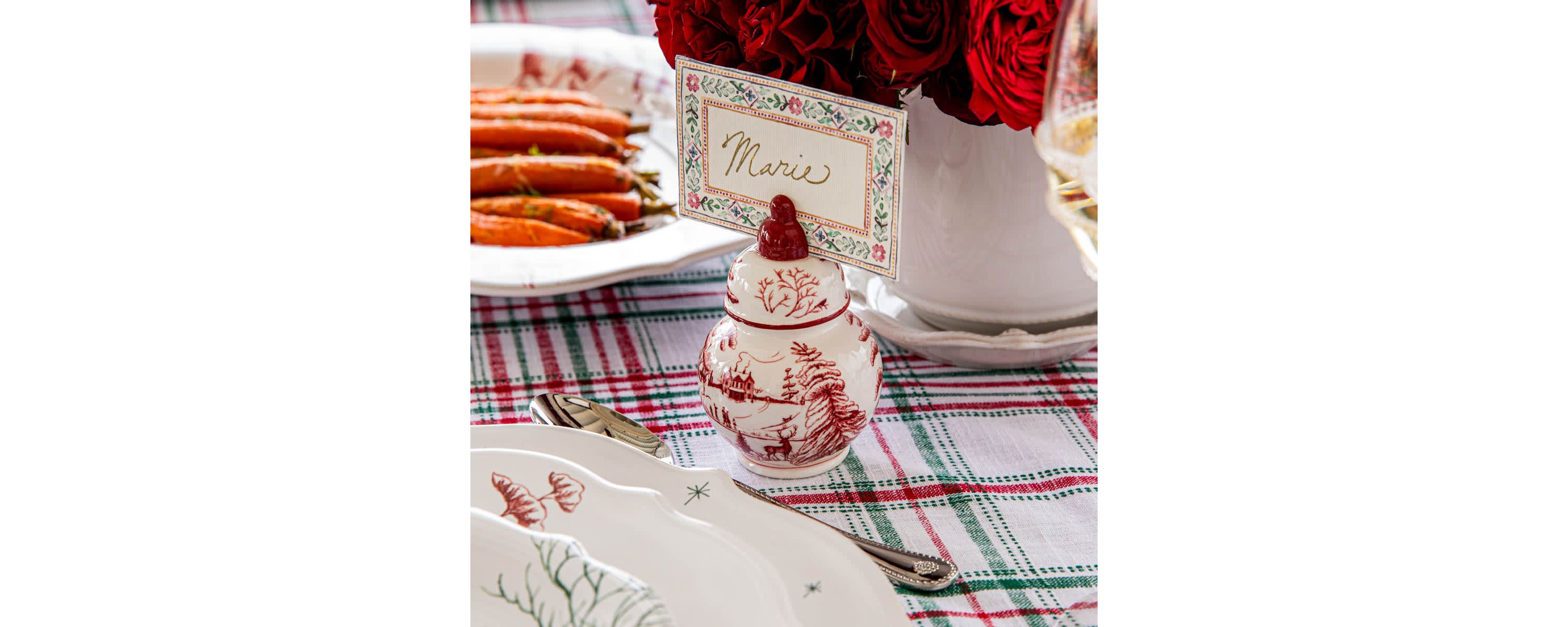 Country Estate Winter Frolic Ginger Jar Place Card Holder Set/4 - Ruby