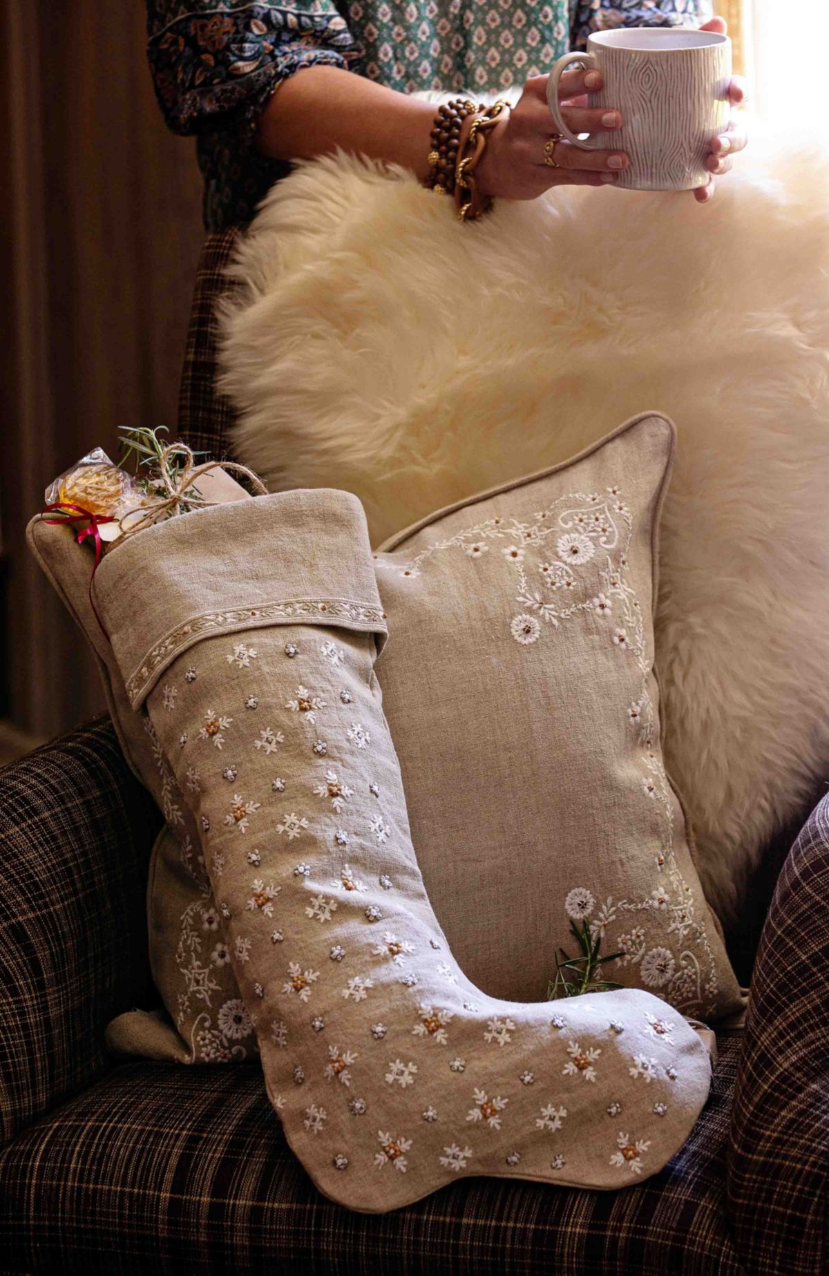 Heidi Embroidered Stocking - Natural