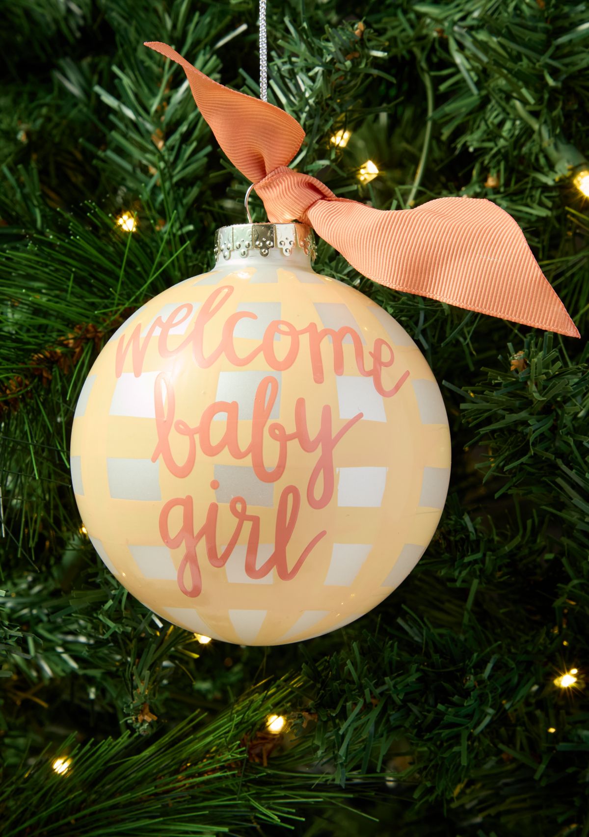 Welcome Baby Girl Gingham Glass Ornament