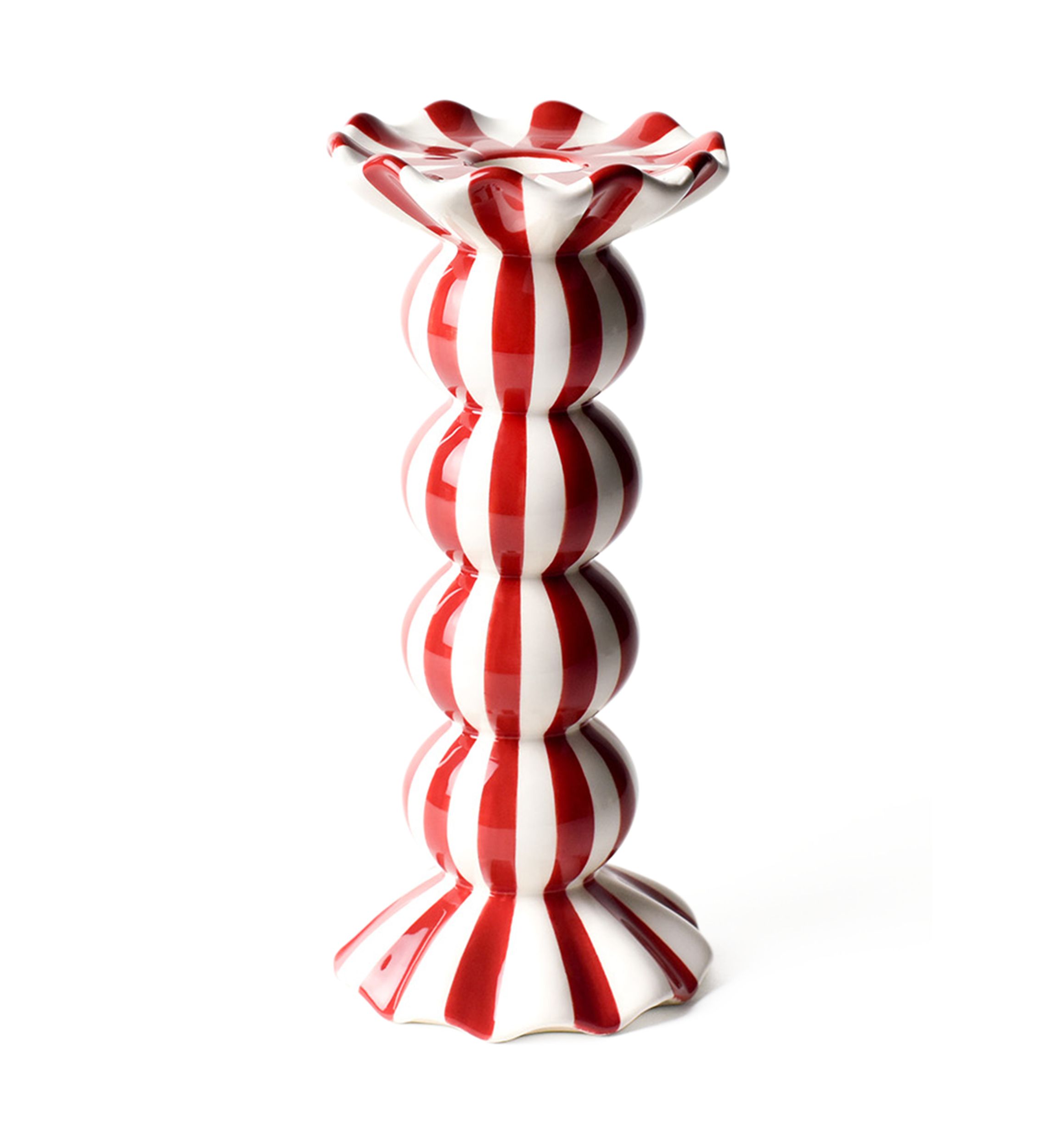Red Stripe Medium Ruffle Knobbed Candle Holder
